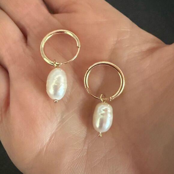 Camille Gold Tone Hoop Earrings with Cultured Baroque Pearls – 1” Drop - Picture 6 of 8